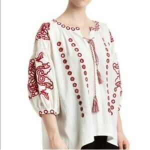 CoCo Colette Neiman Marcus Brand 100% Cotton Red  Embroidery White Puff Sleeve